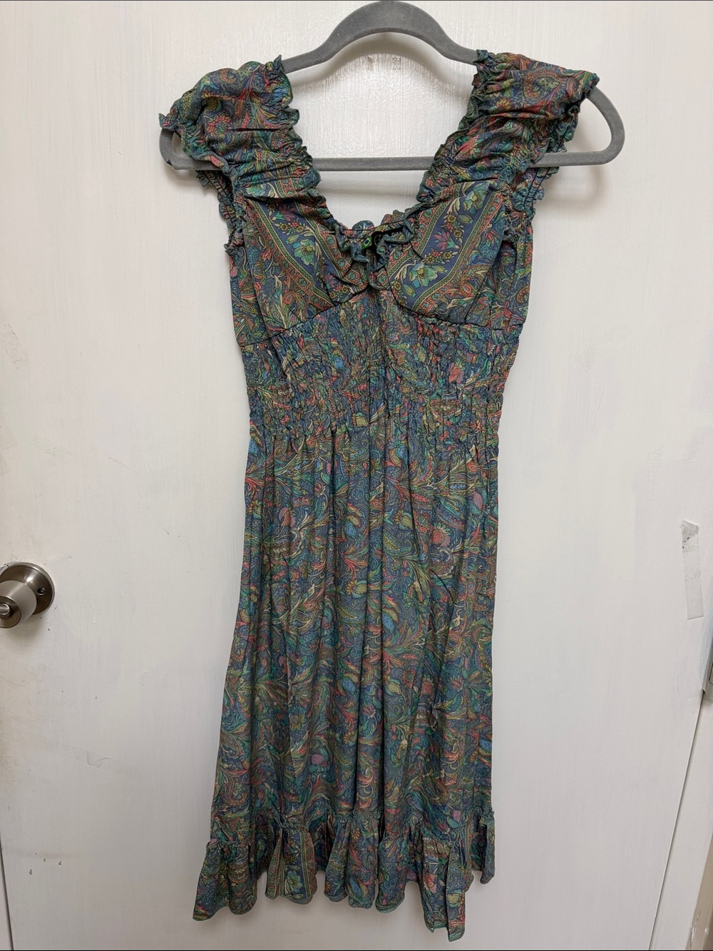 Bohemian Ruffle-Trim Midi Dress in Teal Paisley